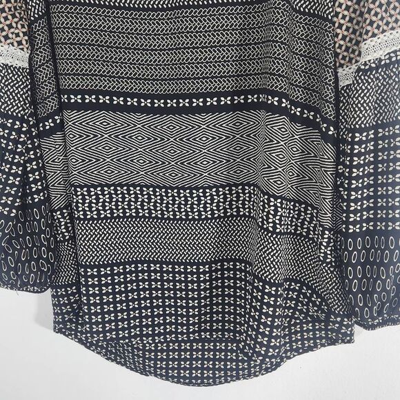 Pink Owl Black Patchwork Print Boho Blouse with Lantern Sleeves Size Medium - Picture 3 of 9